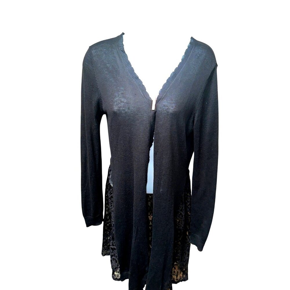 CCC Black Lace Trimmed Long Cardigan Sweater With Scalloped Front Edges Size Med